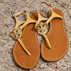 Tory Burch Miller T-Strap Sandals – Size 8 – Tan & Rose Gold